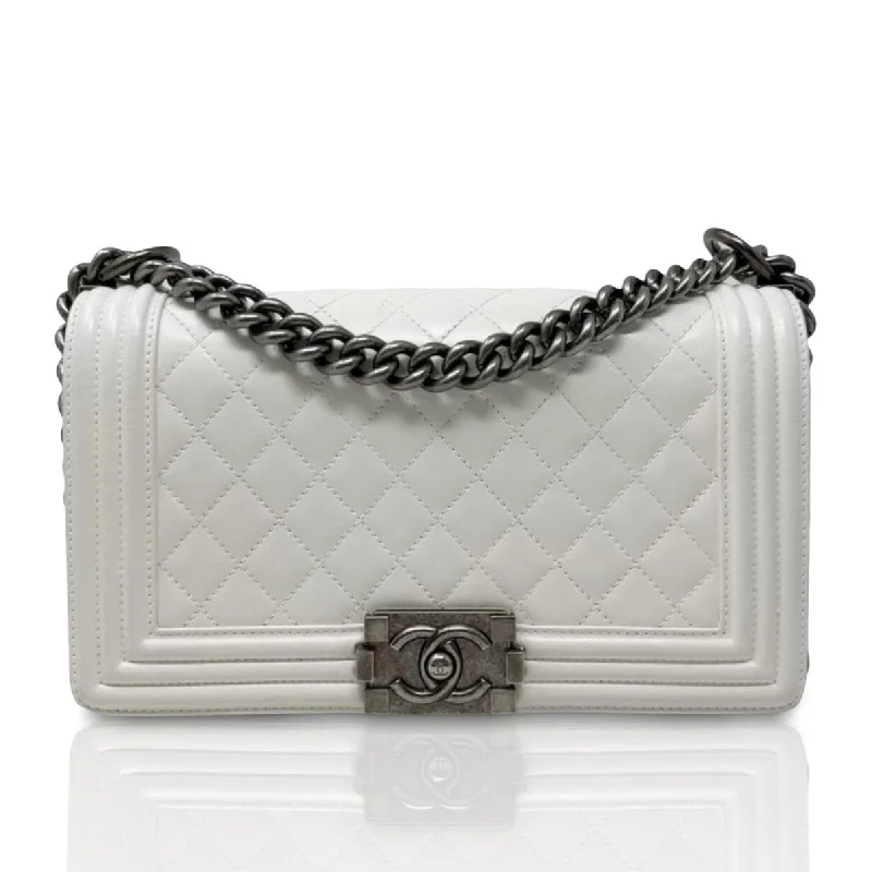 Chanel White Calfskin Medium Old Boy Bag