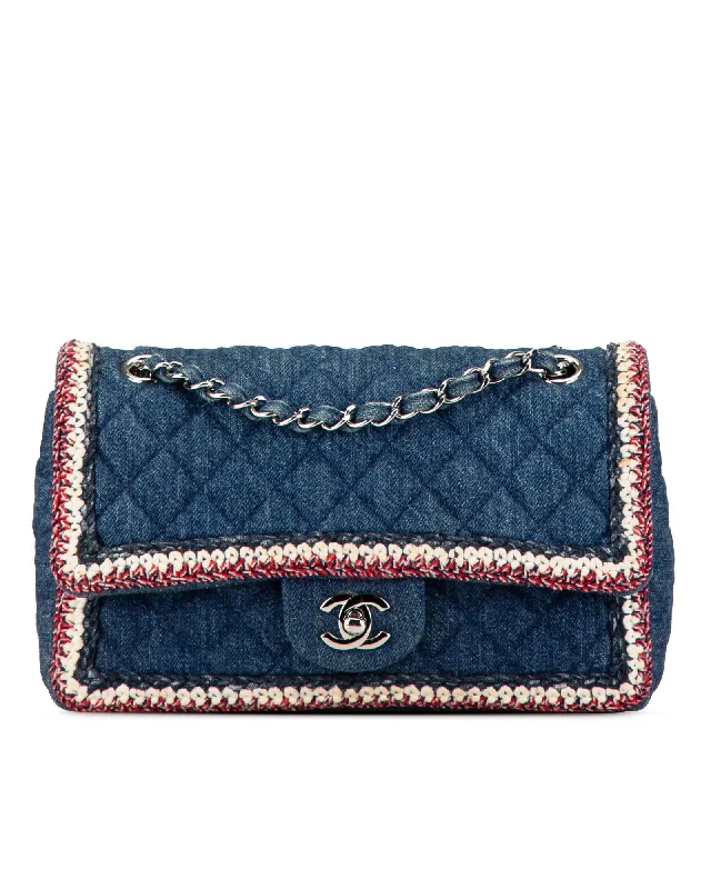 Medium Denim Braided Flap Shoulder Bag with Tweed Trim and Chain Straps