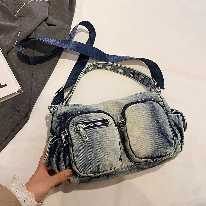 Denim Small Shoulder Bag Women Zipper Outer Pockets Retro Crossbody Purses