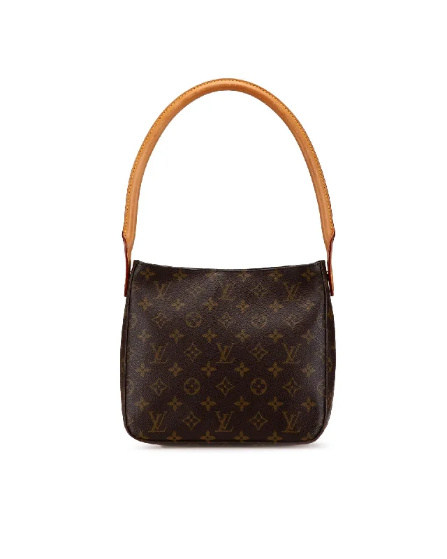 Monogram Canvas Shoulder Bag with Rolled Leather Strap and Zip Closure