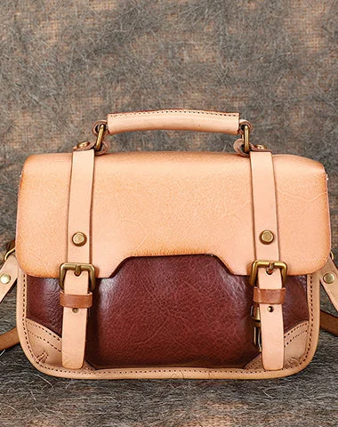 Handmade Beige Leather Womens Satchel Shoulder Bag Small School Handbag Crossbody Purses for Ladies