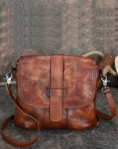 Handmade Brown Leather Womens Square Shoulder Bag School Crossbody Purse for Women