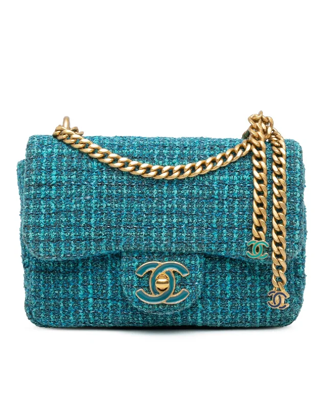 Mini Tweed Flap Shoulder Bag with Chain Straps and Twist Lock Closure