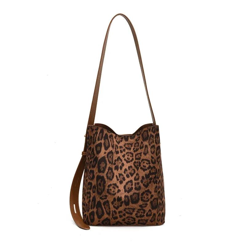 Large Nubuck Leopard Leather Bucket Shoulder Bags Snap 2 in 1 Handbags and Purses