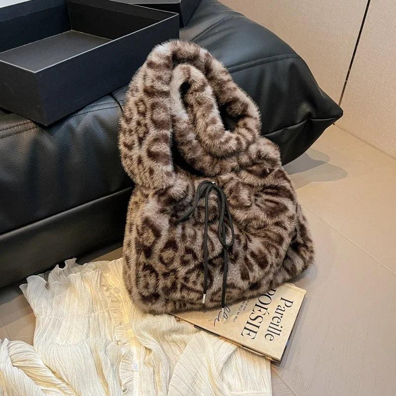 Leopard Faux Fur Shoulder Bags Drawstring Women Medium Soft Handbags Crossbody