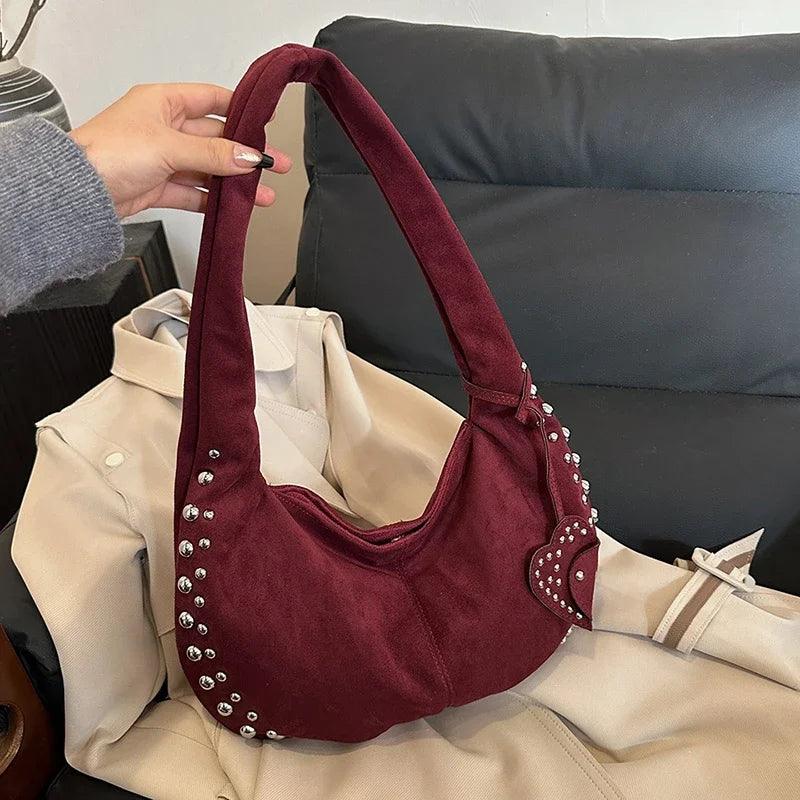 Suede Retro Rivets Design Shoulder Bag Women Snap Large Handbags Soft Tote Bags