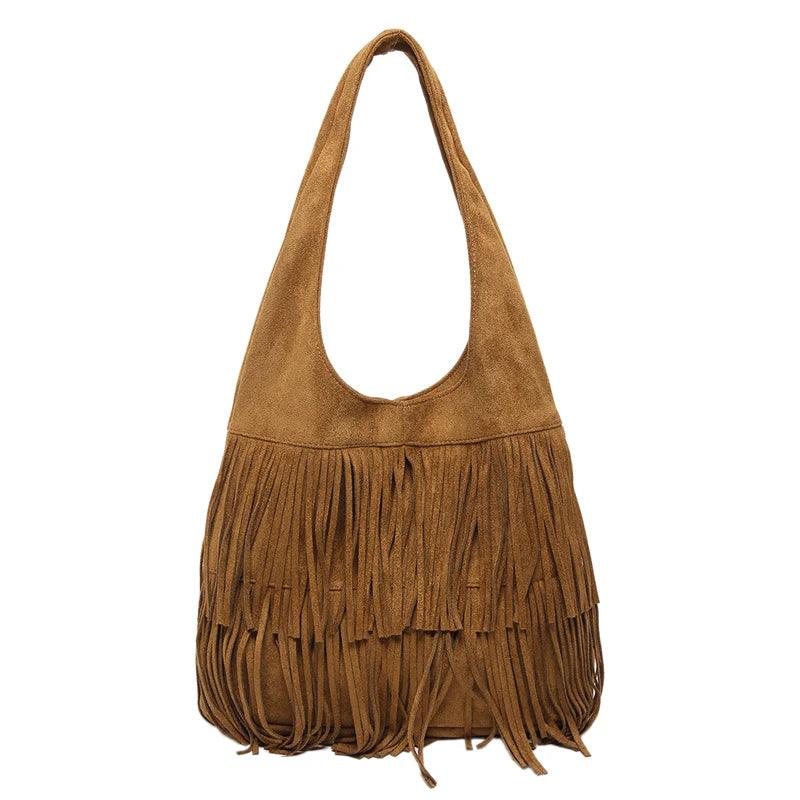 Suede Tassel Leather Shoulder Bags Women Large Snap Underarm Hobo Handbags