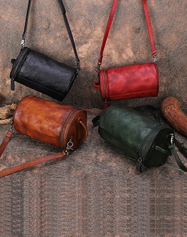 Vintage Leather Womens Barrel Shoulder Bag Bucket Crossbody Purse for Women