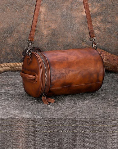 Vintage Brown Leather Womens Barrel Shoulder Bag Bucket Crossbody Purse for Women