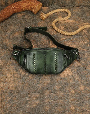 Vintage Women Green Leather Rivet Waist Bag Fanny Pack Handmade Shoulder Rivet Hip Packs for Women