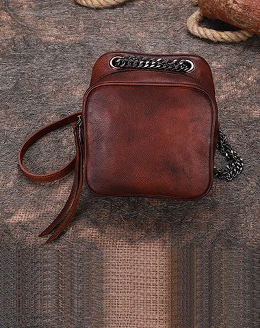 Womens Brown Leather Cube Small Side Bag Mini Shoulder Bag Best Square Crossbody Purse for Ladies