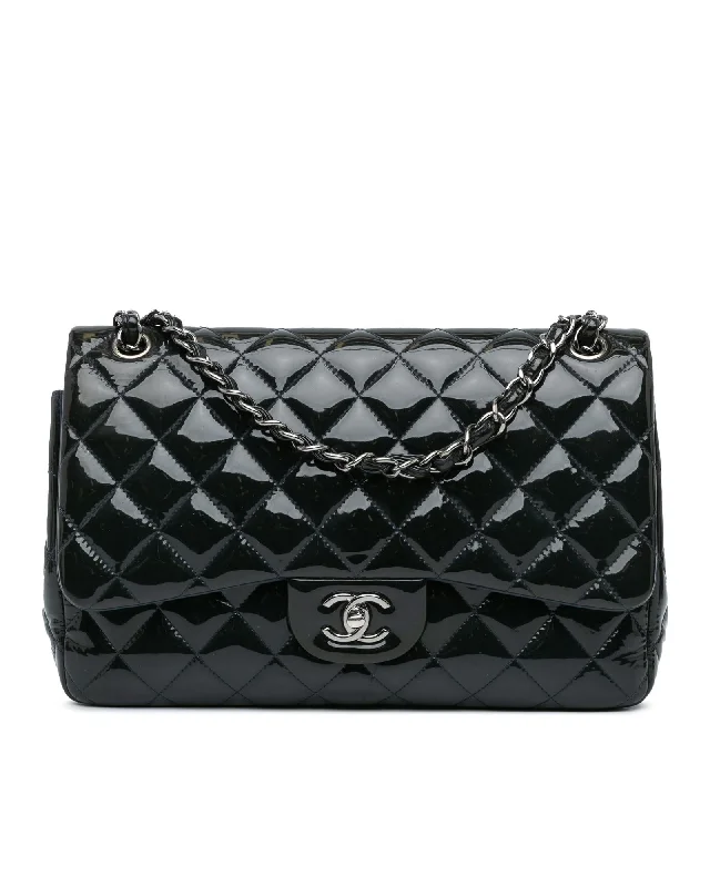 Quilted Patent Leather Double Flap Shoulder Bag with Twist Lock Closure