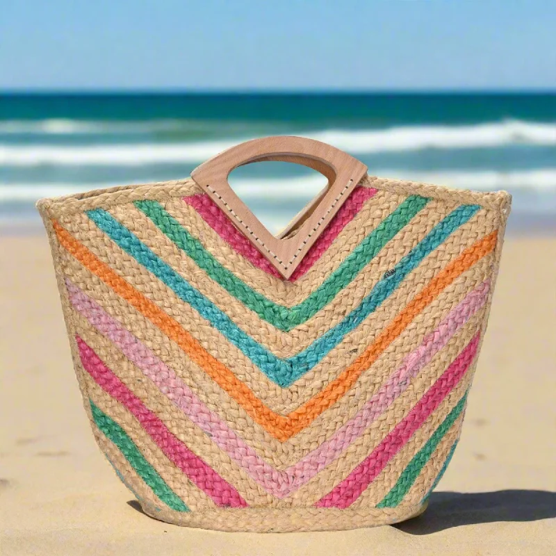 BGAIN198 Rainbow Chevron Straw Tote With Wood Handles