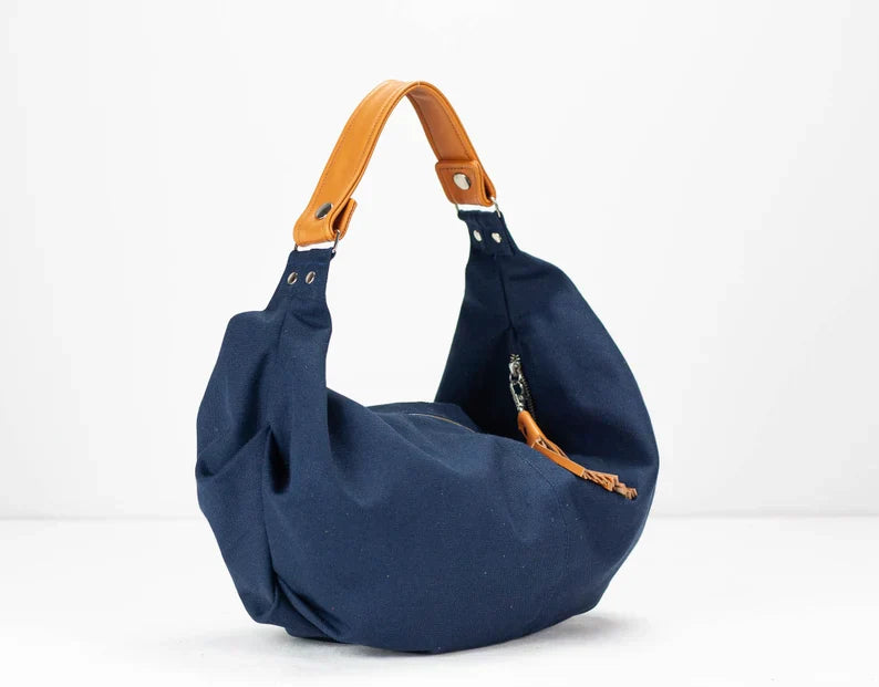 Blue Canvas Hobo Shoulder Bag with Brown Leather Handle